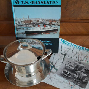 Künstler Entwurf 1950er Jahre – maritime Terrine mit Deckel/Unterteller – versilbert – WMF – 1st-class service TS HANSEATIC