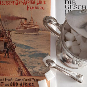 Maritime versilberte Zuckerdose mit Deckel & Zuckerzange um 1910 – Reederei Deutsche Ost-Afrika-Linie (D.O.A.L.)