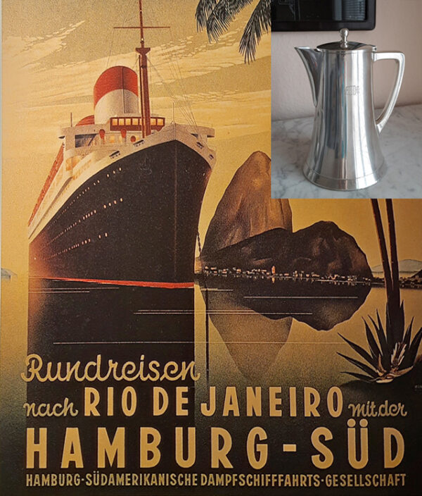 Art Déco - große maritime Kaffeekanne ca. 1930 - Krupp Berndorf, versilbert - Hamburg-Südamerikanische Dampfschifffahrtsgesellschaft