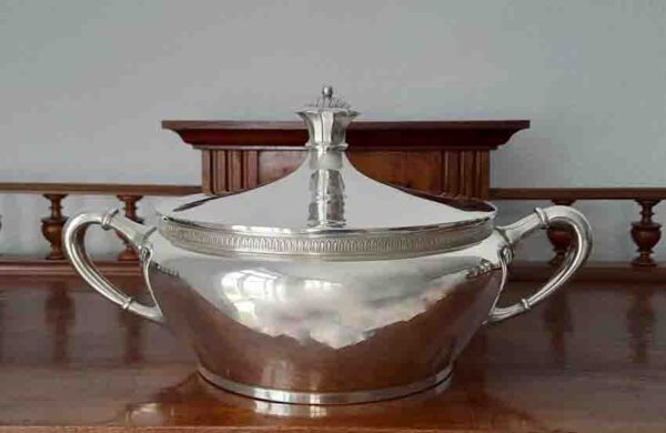 Große antike Servierschüssel mit Deckel um 1890 - Schnelldampfer "Normannia", Hamburg-Amerika-Linie - versilbert Gebr. Hepp – Bild 5