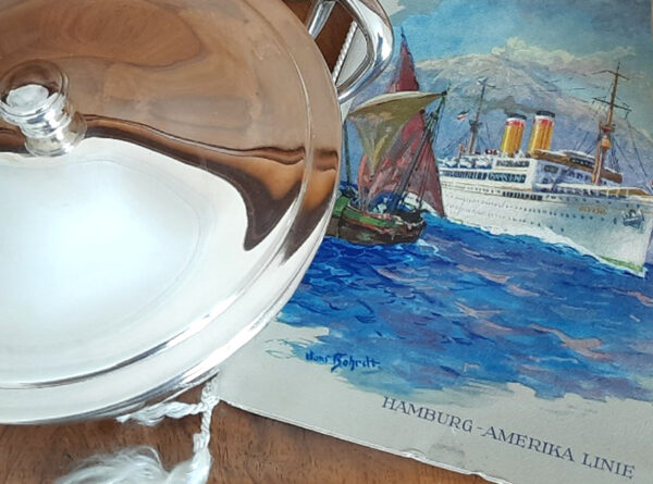 Kleine maritime Servierschüssel / Deckel 1920er Jahre - versilbert Wellner - Hamburg-Amerika-Linie (H.A.P.A.G.)