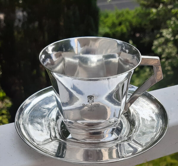 Art Déco KünstlerEntwurf - Große SchokoladenTasse/Untertasse um 1925 - Christofle/Gallia versilbert - aus berühmtem Pariser Restaurant – Bild 13