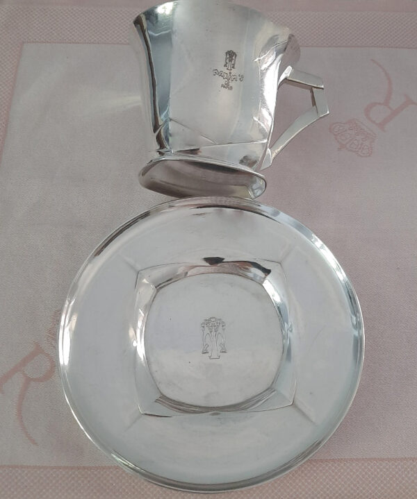 Art Déco KünstlerEntwurf - Große SchokoladenTasse/Untertasse um 1925 - Christofle/Gallia versilbert - aus berühmtem Pariser Restaurant – Bild 8