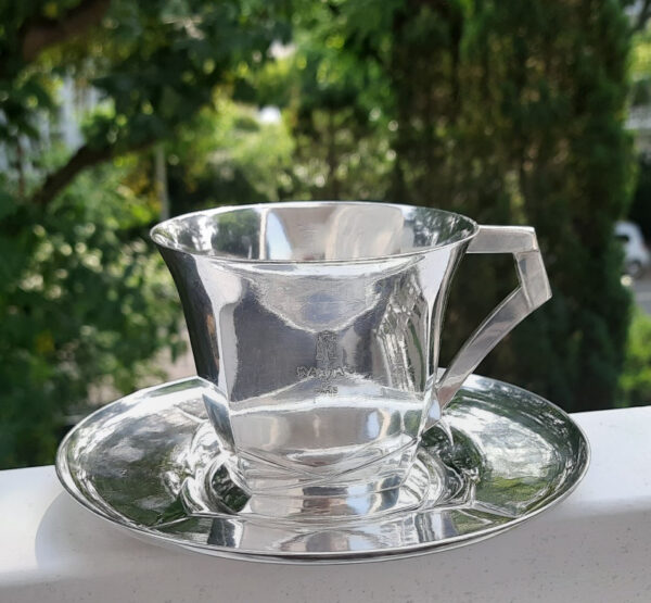 Art Déco KünstlerEntwurf - Große SchokoladenTasse/Untertasse um 1925 - Christofle/Gallia versilbert - aus berühmtem Pariser Restaurant – Bild 12