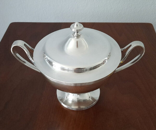 Jugendstil  Kleine versilberte Terrine mit Deckel um 1915  Krupp Berndorf  Hamburg-Amerika-Linie – Bild 3