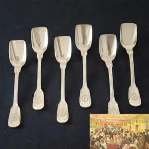 6 seltene versilberte Eisspaten um 1900  Münchner Silberschmiede  aus ehemaligem Pariser Cabaret