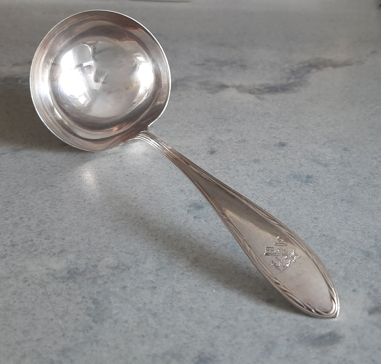 Kleine Servierkelle + 2 Aufschnittgabeln von 1929 versilbert Koch & Bergfeld Passagierdampfer BREMEN, Norddeutscher Lloyd – Bild 4