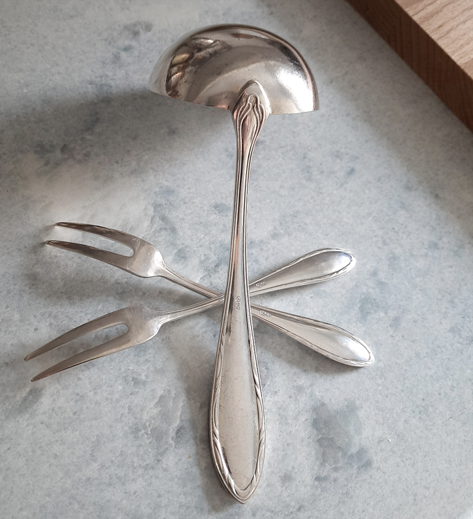 Kleine Servierkelle + 2 Aufschnittgabeln von 1929 versilbert Koch & Bergfeld Passagierdampfer BREMEN, Norddeutscher Lloyd – Bild 8