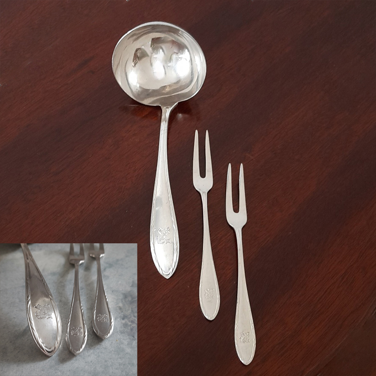 Kleine Servierkelle + 2 Aufschnittgabeln von 1929 versilbert Koch & Bergfeld Passagierdampfer BREMEN, Norddeutscher Lloyd – Bild 2