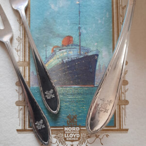 Kleine Servierkelle + 2 Aufschnittgabeln von 1929  versilbert  Koch & Bergfeld  Passagierdampfer BREMEN, Norddeutscher Lloyd