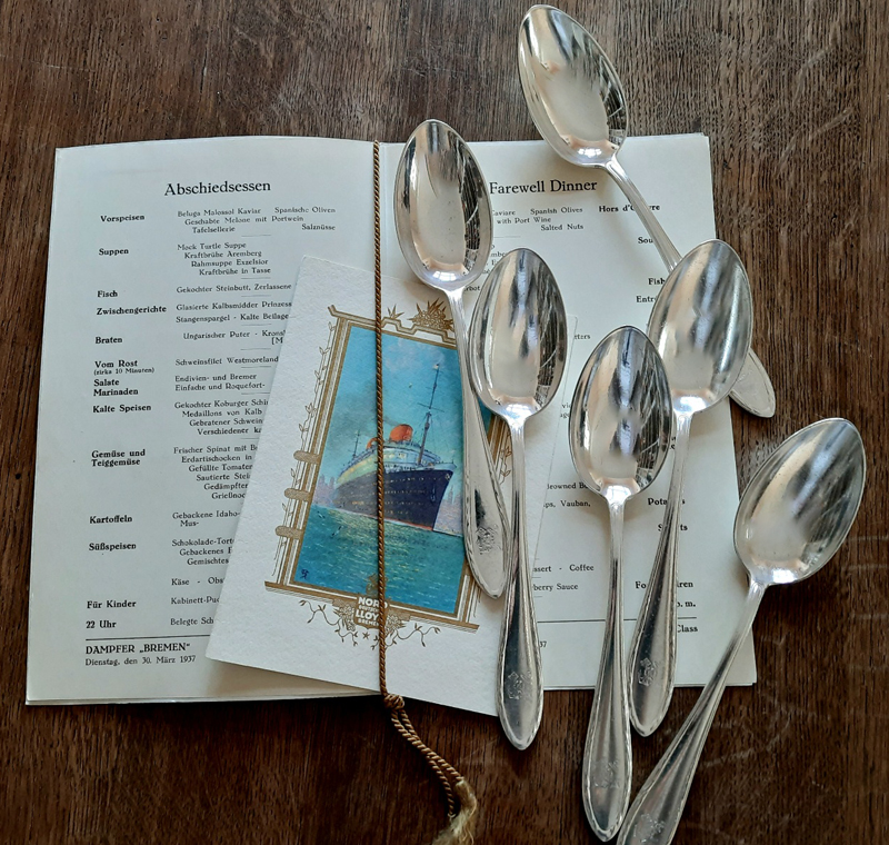 6 maritime Esslöffel von 1929 versilbert Koch & Bergfeld Passagierdampfer BREMEN, Norddeutscher Lloyd