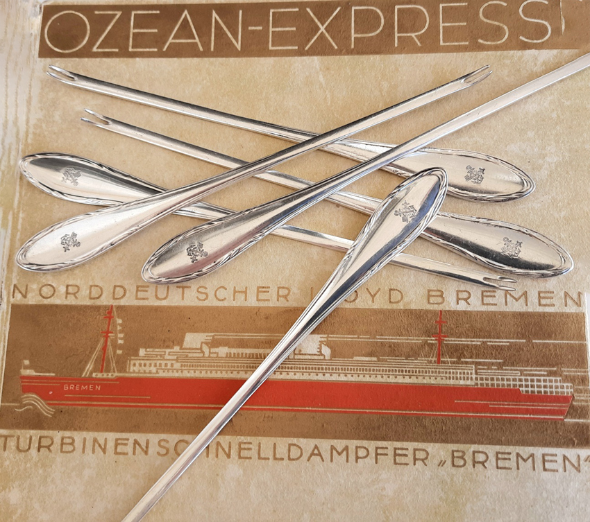 6 Hummergabeln 1929 versilbert, Koch & Bergfeld von Bord des Passagierdampfers BREMEN, Norddeutscher Lloyd – Bild 2