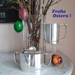 Art Déco Zuckerdose und Sahnegießer von 1935   versilbert, Werksentwurf Krupp Berndorf   aus legendärem Café in Venedig