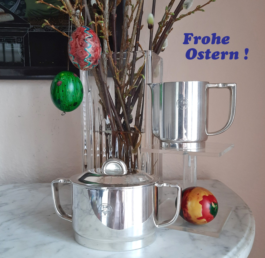 Art Déco Zuckerdose und Sahnegießer von 1935 versilbert, Werksentwurf Krupp Berndorf aus legendärem Café in Venedig