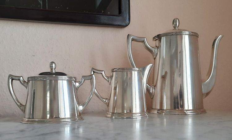 Kaffeekern um 1915, Kreuzband Dekor, versilbert C.F. Hutschenreuter, aus legendärem Pariser Grandhotel – Bild 11