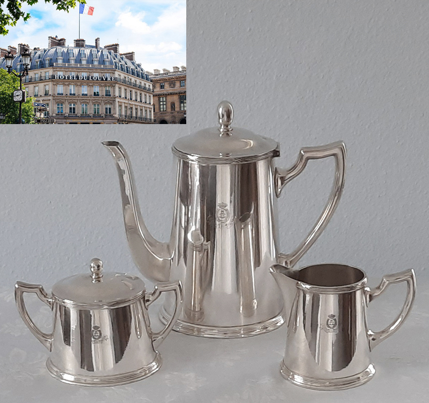 Kaffeekern um 1915, Kreuzband Dekor, versilbert C.F. Hutschenreuter, aus legendärem Pariser Grandhotel