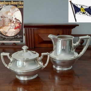 Antikes Zucker/Sahne Set um 1910, versilbert – Wellner, 1st-class-Service Hamburg-Amerika-Linie (H.A.P.A.G.)