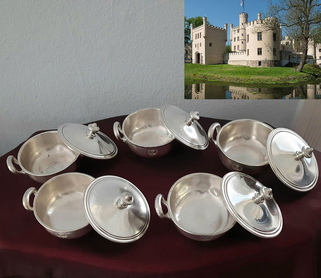 Kaiserzeitliche Geschichte verbindet diese 5 kleinen versilberten Servierschüsseln um 1900, Gebr. Hepp, Jagdschloss Letzlingen – Bild 4