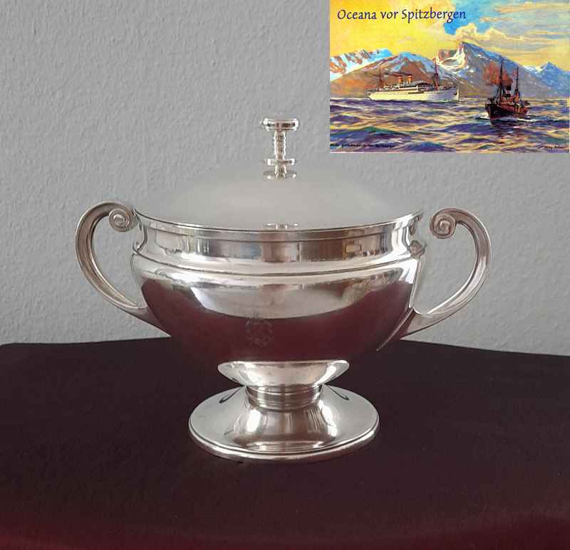 Art Déco Terrine mit Deckel 1928 versilbert Krupp Berndorf Passagierdampfer "Oceana" Hamburg-Amerika-Linie – Bild 2