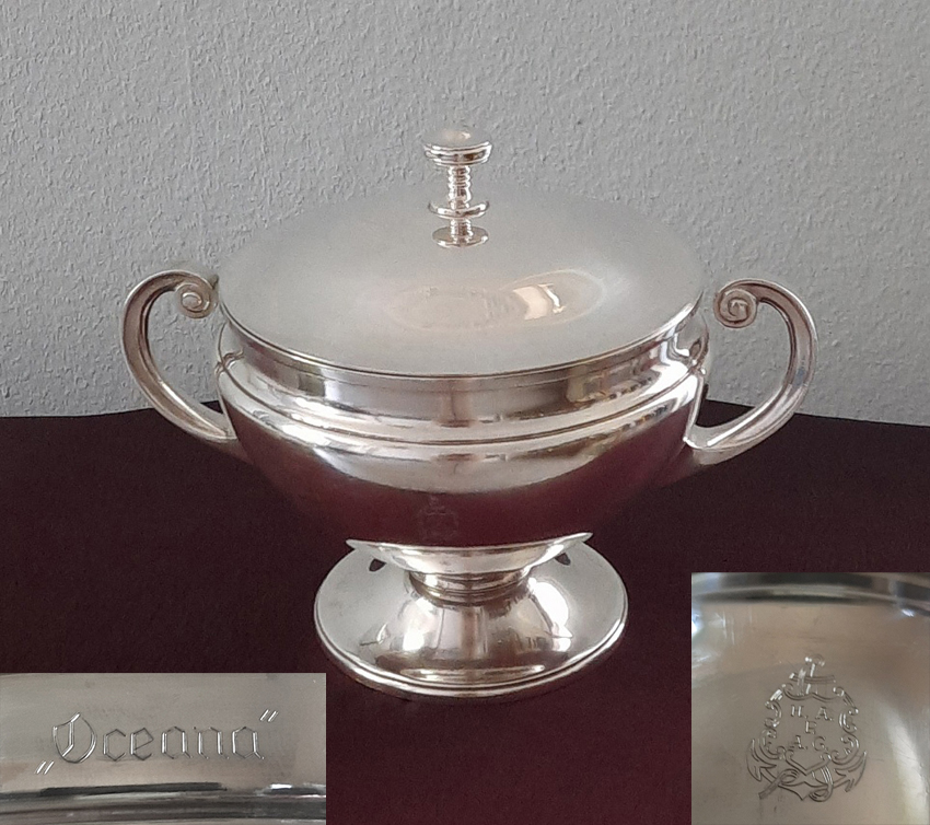 Art Déco Terrine mit Deckel 1928 versilbert Krupp Berndorf Passagierdampfer "Oceana" Hamburg-Amerika-Linie – Bild 3