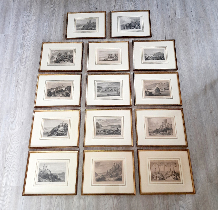 Sammlung historischer Rheinansichten - Reisen entlang des romantischen Rheins - 14 Original Stahlstiche zeigen Burgenlandschaften im 19. Jahrhundert
