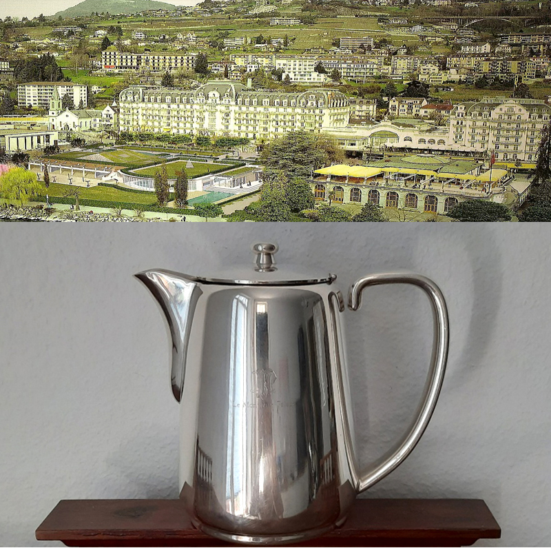 Schweizer Kaffeekanne 1950er Jahre versilbert, Sternegg Schaffhausen, aus Grandhotel in Montreux