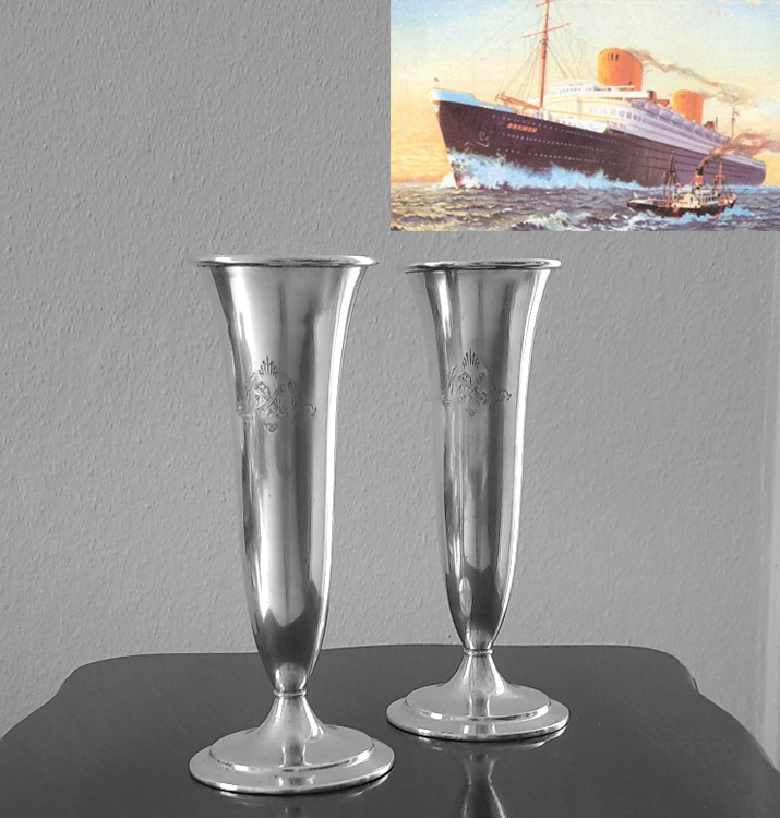 Art Déco 1928 Vasenpaar KünstlerEntwurf versilbert Koch & Bergfeld aus 1st-class-Service Passagierdampfer BREMEN, Norddeutscher Lloyd – Bild 2