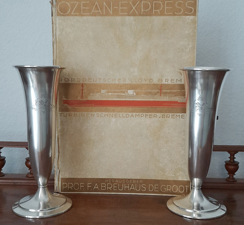 Art Déco 1928 Vasenpaar KünstlerEntwurf versilbert Koch & Bergfeld aus 1st-class-Service Passagierdampfer BREMEN, Norddeutscher Lloyd – Bild 9