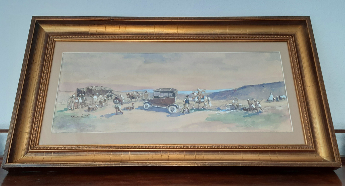 Orientalistische Szene mit Karawane und frühem Automobil, Signierte Gouache auf Papier, gerahmt, verzeichneter französischer Maler – Bild 2