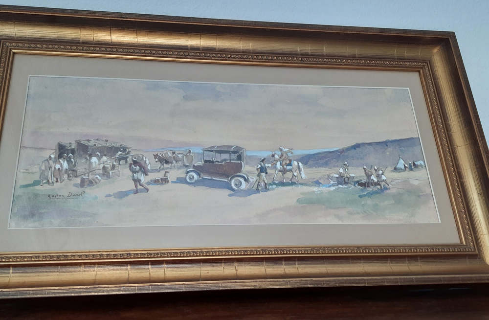 Orientalistische Szene mit Karawane und frühem Automobil, Signierte Gouache auf Papier, gerahmt, verzeichneter französischer Maler – Bild 3