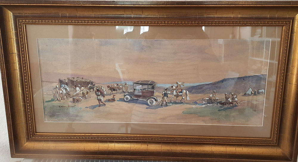 Orientalistische Szene mit Karawane und frühem Automobil, Signierte Gouache auf Papier, gerahmt, verzeichneter französischer Maler – Bild 11