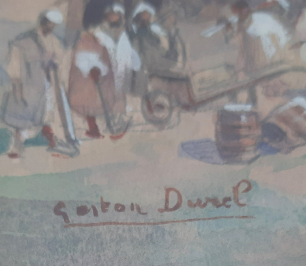 Orientalistische Szene mit Karawane und frühem Automobil, Signierte Gouache auf Papier, gerahmt, verzeichneter französischer Maler – Bild 4
