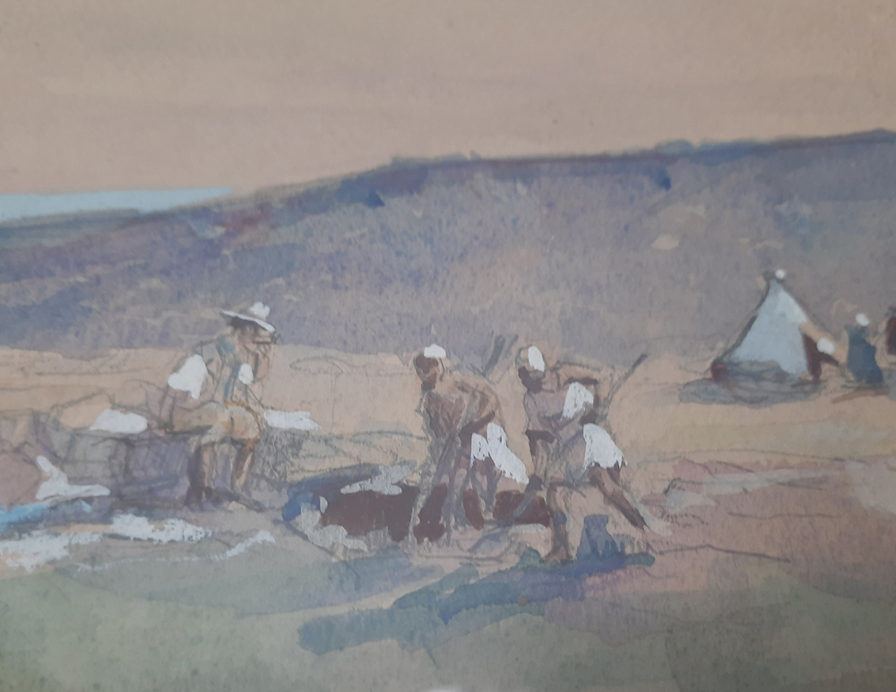 Orientalistische Szene mit Karawane und frühem Automobil, Signierte Gouache auf Papier, gerahmt, verzeichneter französischer Maler – Bild 5