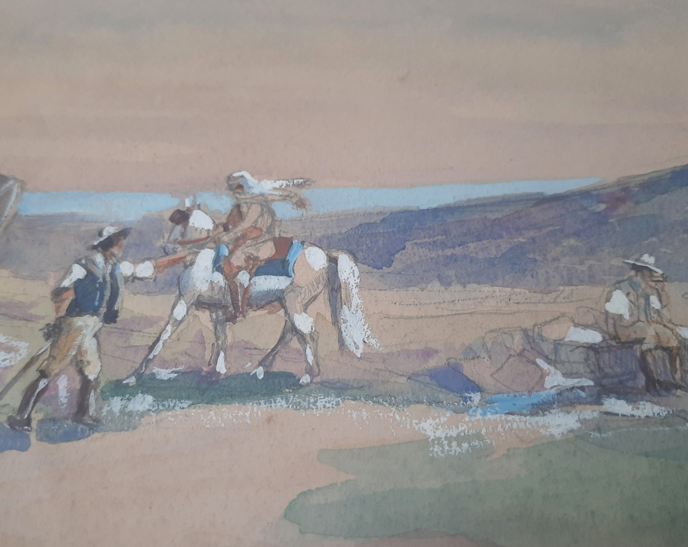 Orientalistische Szene mit Karawane und frühem Automobil, Signierte Gouache auf Papier, gerahmt, verzeichneter französischer Maler – Bild 6