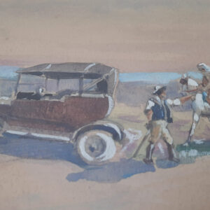 Orientalistische Szene mit Karawane und frühem Automobil, Signierte Gouache auf Papier, gerahmt, verzeichneter französischer Maler