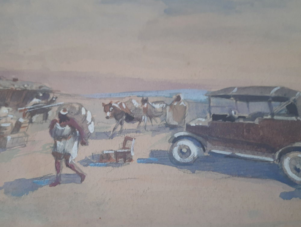 Orientalistische Szene mit Karawane und frühem Automobil, Signierte Gouache auf Papier, gerahmt, verzeichneter französischer Maler – Bild 7