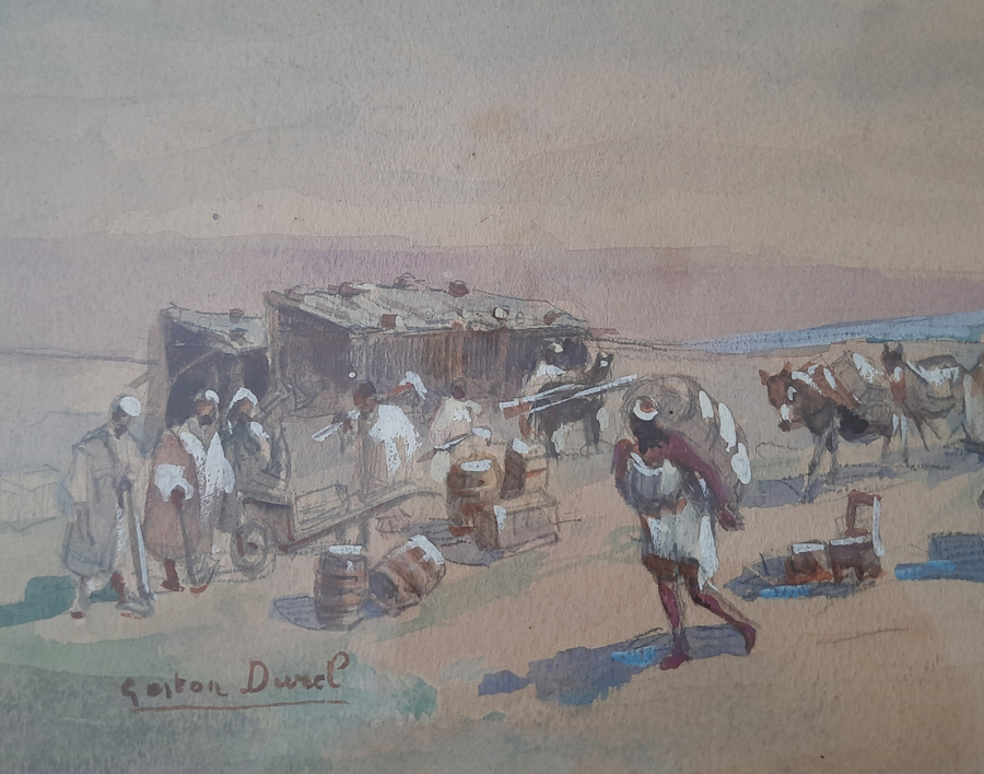 Orientalistische Szene mit Karawane und frühem Automobil, Signierte Gouache auf Papier, gerahmt, verzeichneter französischer Maler – Bild 9