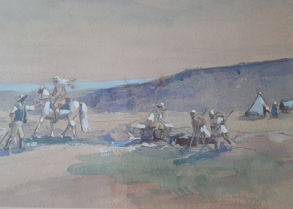 Orientalistische Szene mit Karawane und frühem Automobil, Signierte Gouache auf Papier, gerahmt, verzeichneter französischer Maler – Bild 8