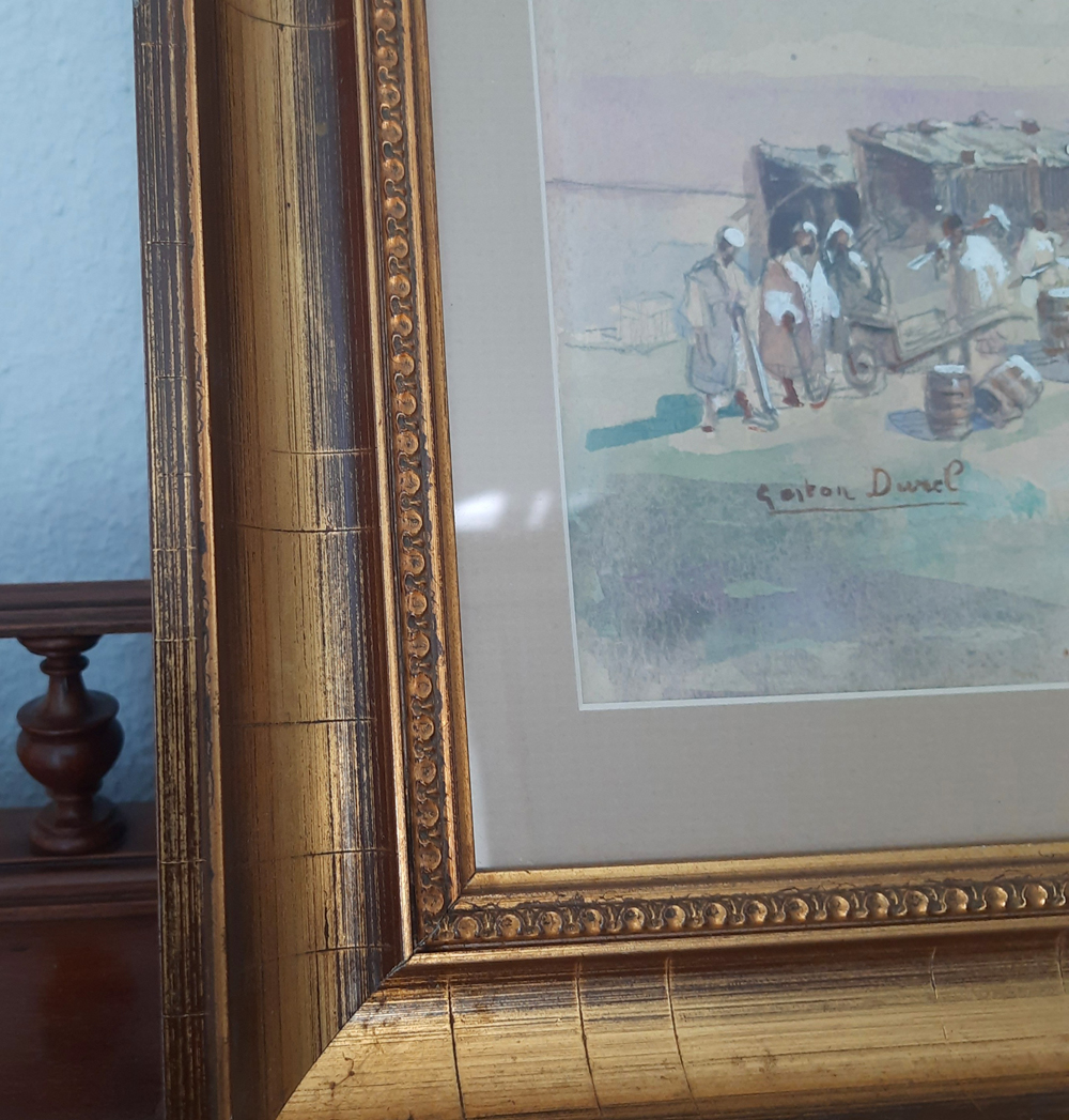 Orientalistische Szene mit Karawane und frühem Automobil, Signierte Gouache auf Papier, gerahmt, verzeichneter französischer Maler – Bild 10