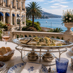 Ercuis Paris – Großes versilbertes Grandhotel-Rechaud mit kardanisch aufgehängten Doppel-Spiritusbrennern, um 1940, Côte d’Azur-Provenienz