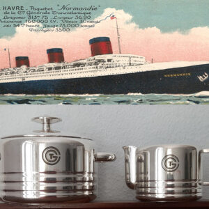 Art Déco um 1935, Maritimes Zucker- und Sahneset „CGT Normandie“, Künstler-Entwurf, Christofle, Paris