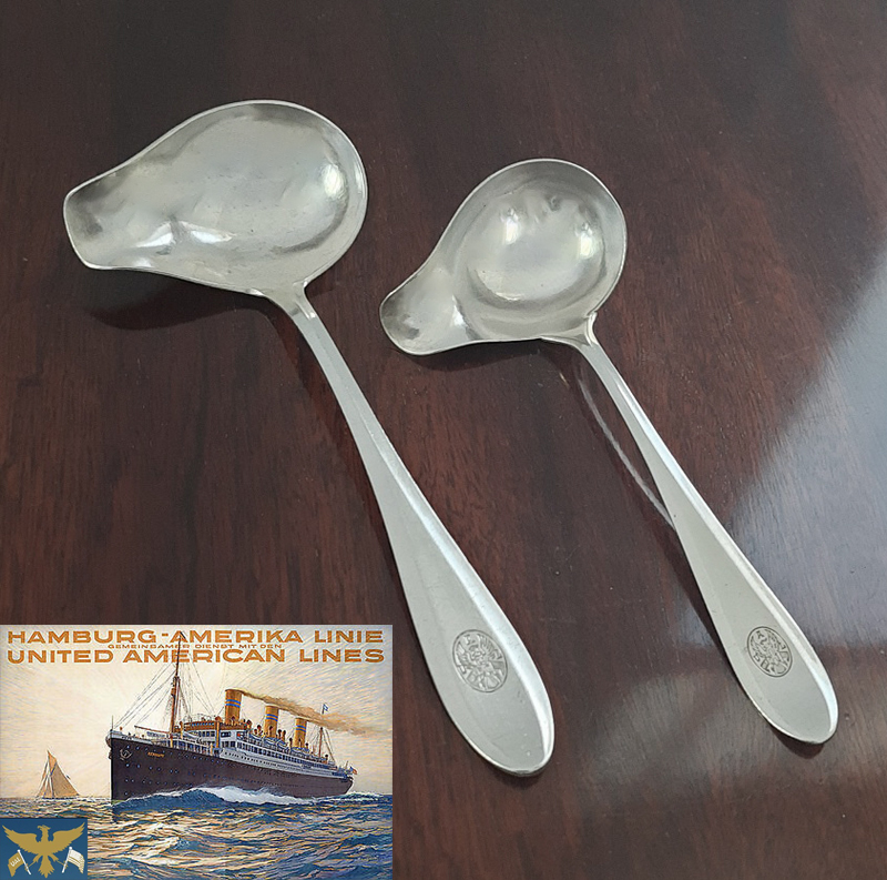 2 antike maritime Saucenkellen von 1922, versilbert Krupp Berndorf, Passagierdampfer RESOLUTE, United American Lines (U.A.L.)