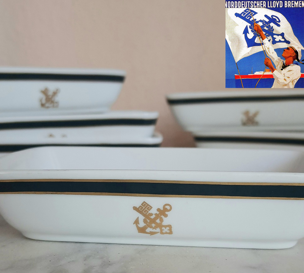 6 maritime rechteckige Porzellanschälchen von 1959, Rosenthal, Bordgeschirr der TS „BREMEN“, Norddeutscher Lloyd – Bild 4