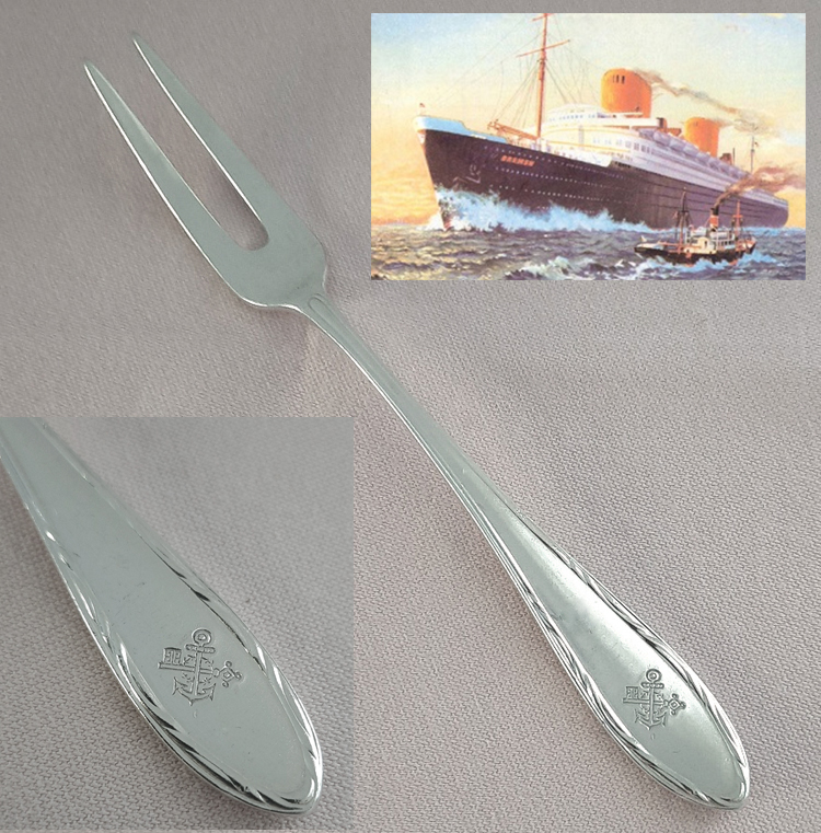 Maritime Vorlegegabel von 1929 versilbert Koch & Bergfeld 1st-class Service Dampfer BREMEN, Norddeutscher Lloyd – Bild 3