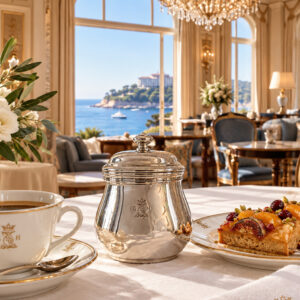 Puristische Eleganz! Zuckerdose mit Deckel 1960er Jahre versilbert Christofle aus Grand Hôtel du Cap Ferrat, Côte d’Azur